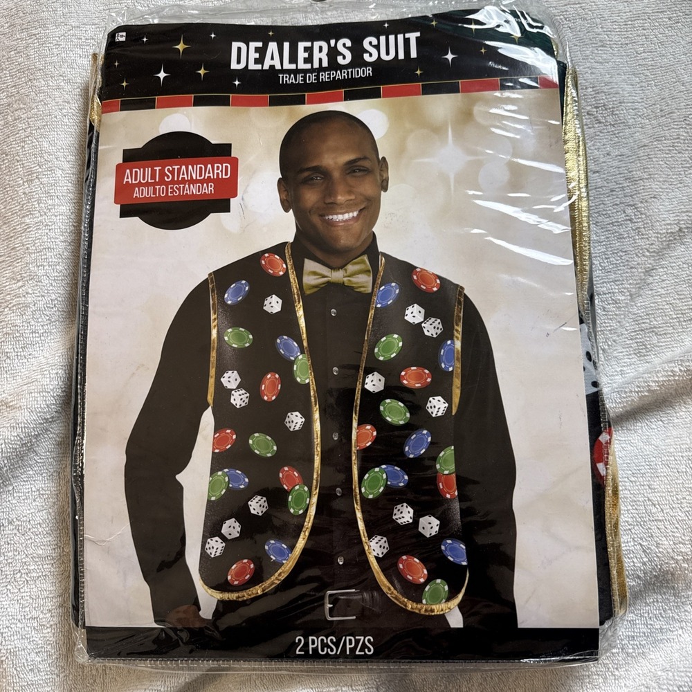 Amscan Casino Dealer Costume Vest Gold Bow Tie Adult Poker Night Halloween NEW